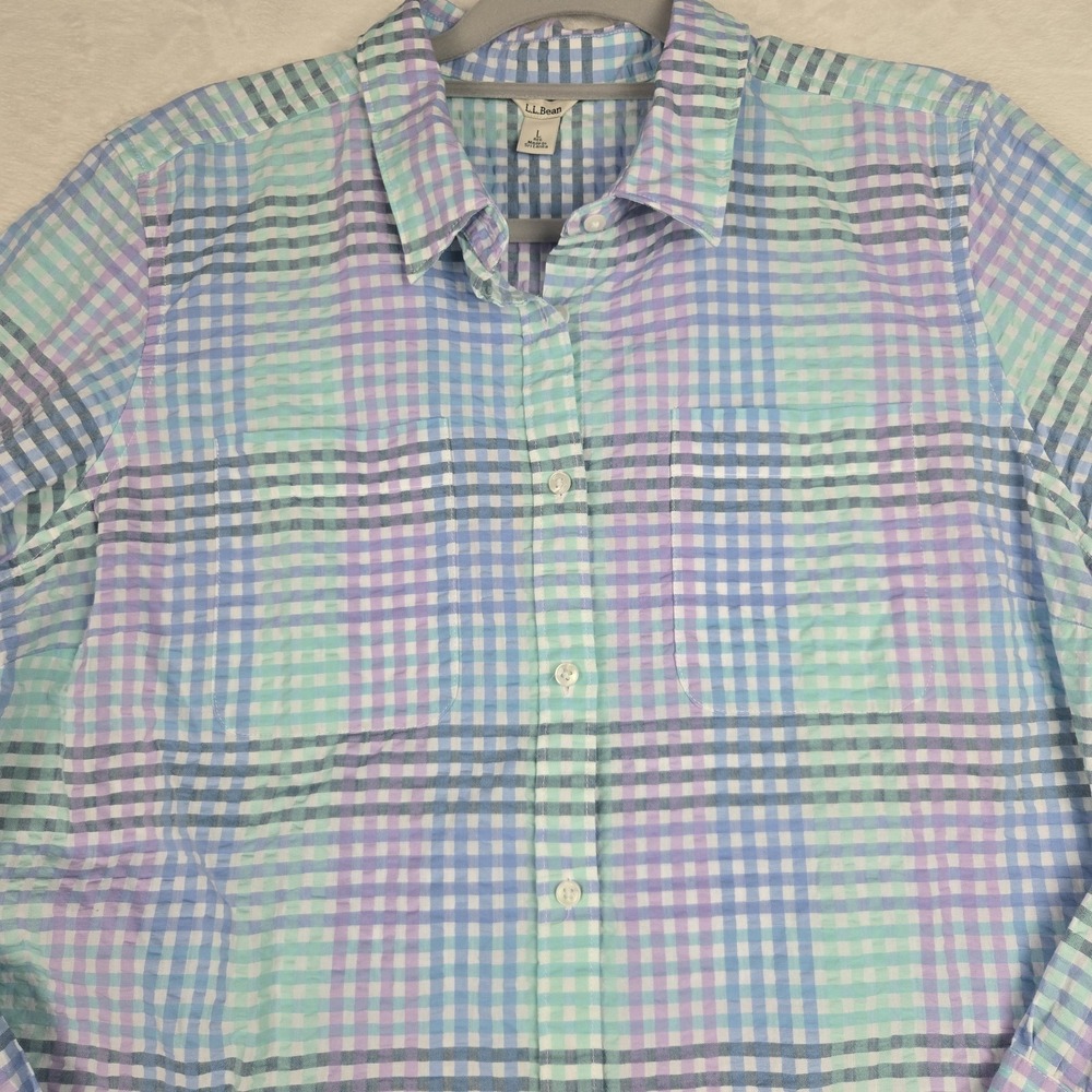 LL Bean Plaid Shirt‎ Women's Large Green Blue Gingham Button Up Shirt - Picture 3 of 7